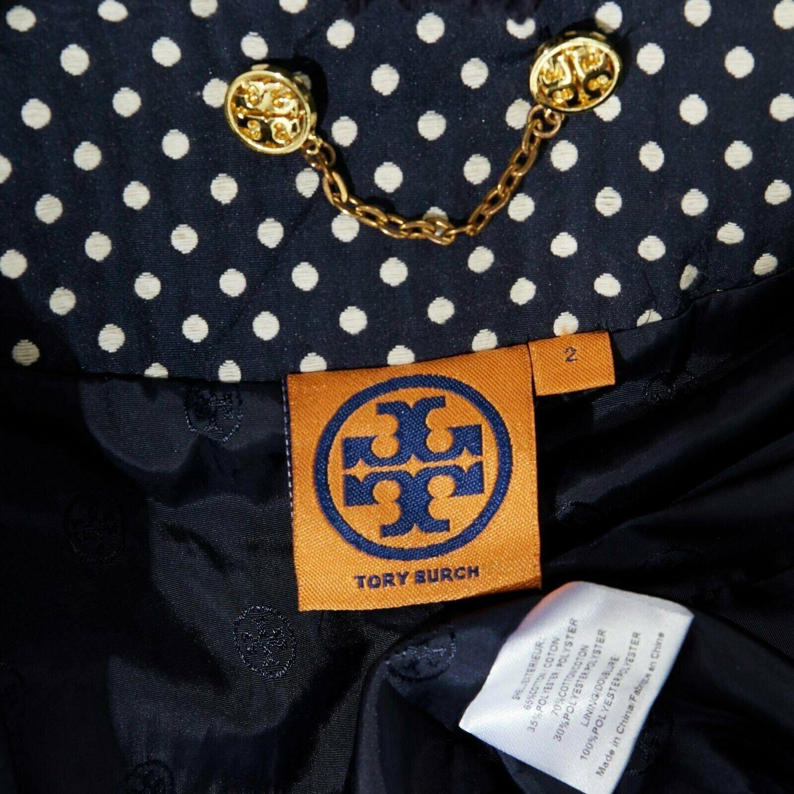 TORY BURCH navy blue white polka dot jacquard frayed trimmed coat US2 S For Sale 4