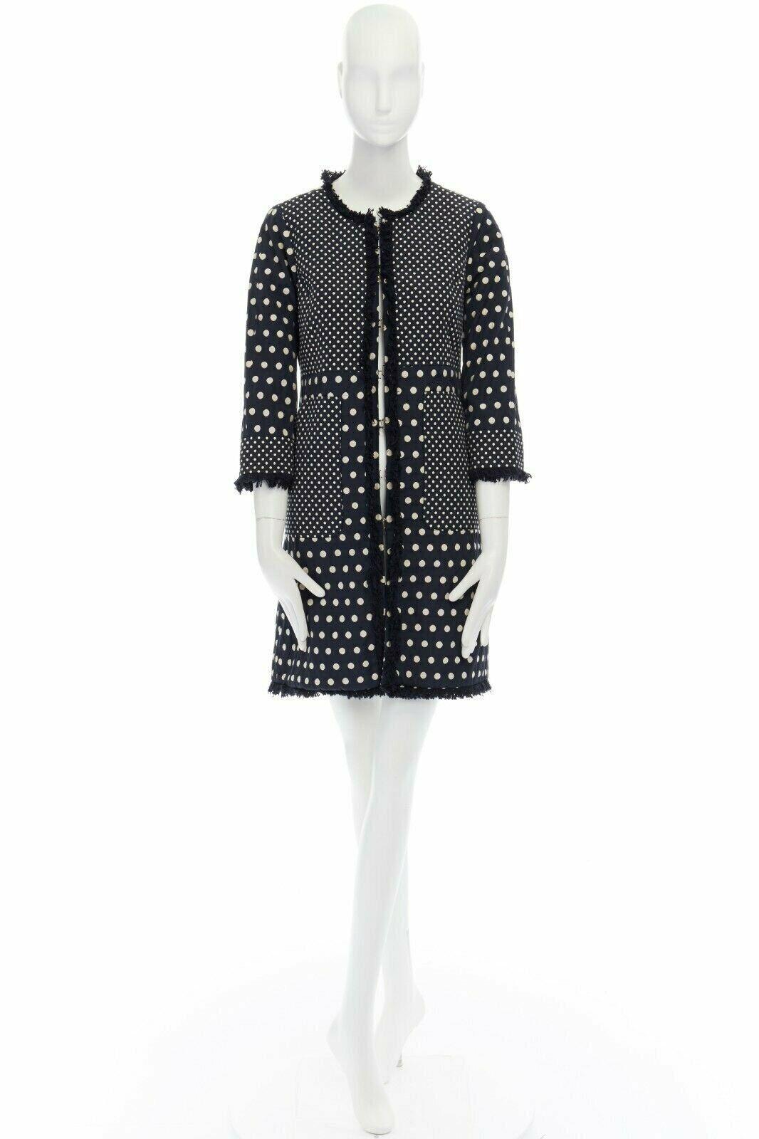 TORY BURCH navy blue white polka dot jacquard frayed trimmed coat US2 S For Sale 5