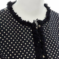 TORY BURCH navy blue white polka dot jacquard frayed trimmed coat US2 S