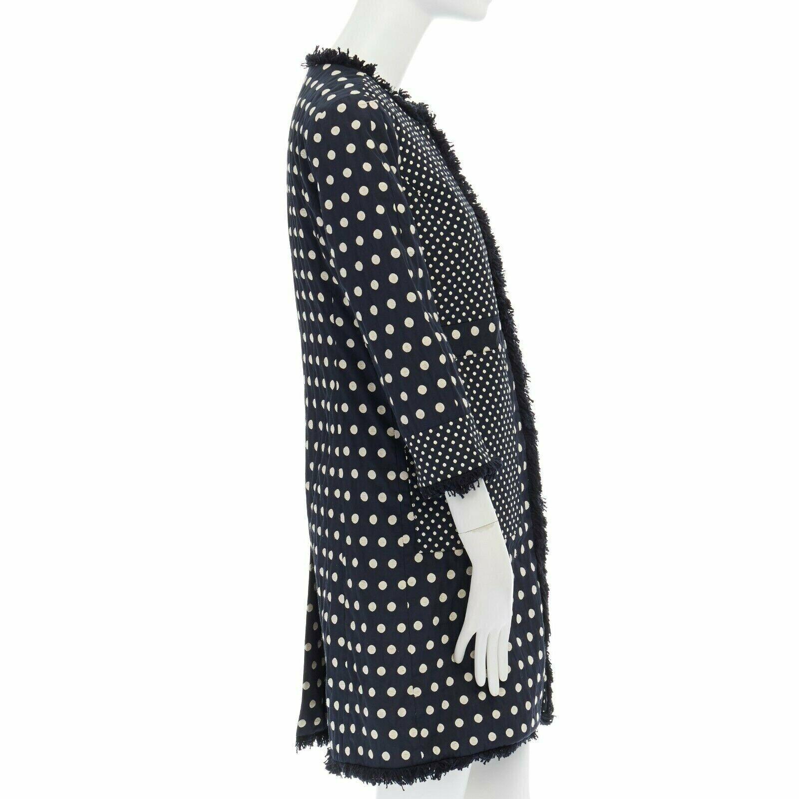 Black TORY BURCH navy blue white polka dot jacquard frayed trimmed coat US2 S For Sale