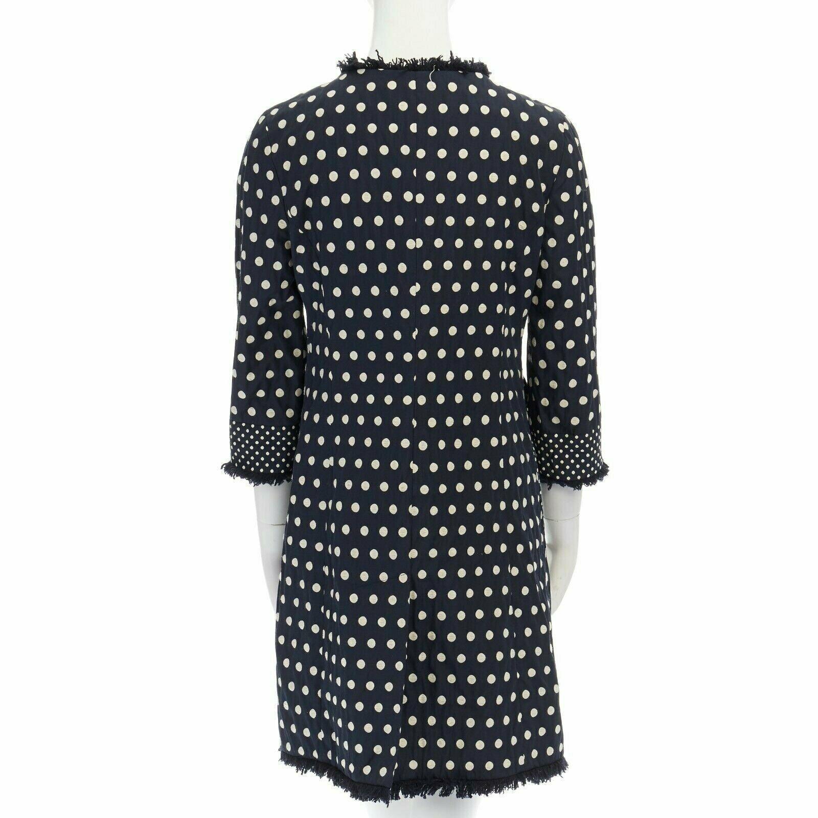 TORY BURCH navy blue white polka dot jacquard frayed trimmed coat US2 S In Good Condition For Sale In Hong Kong, NT
