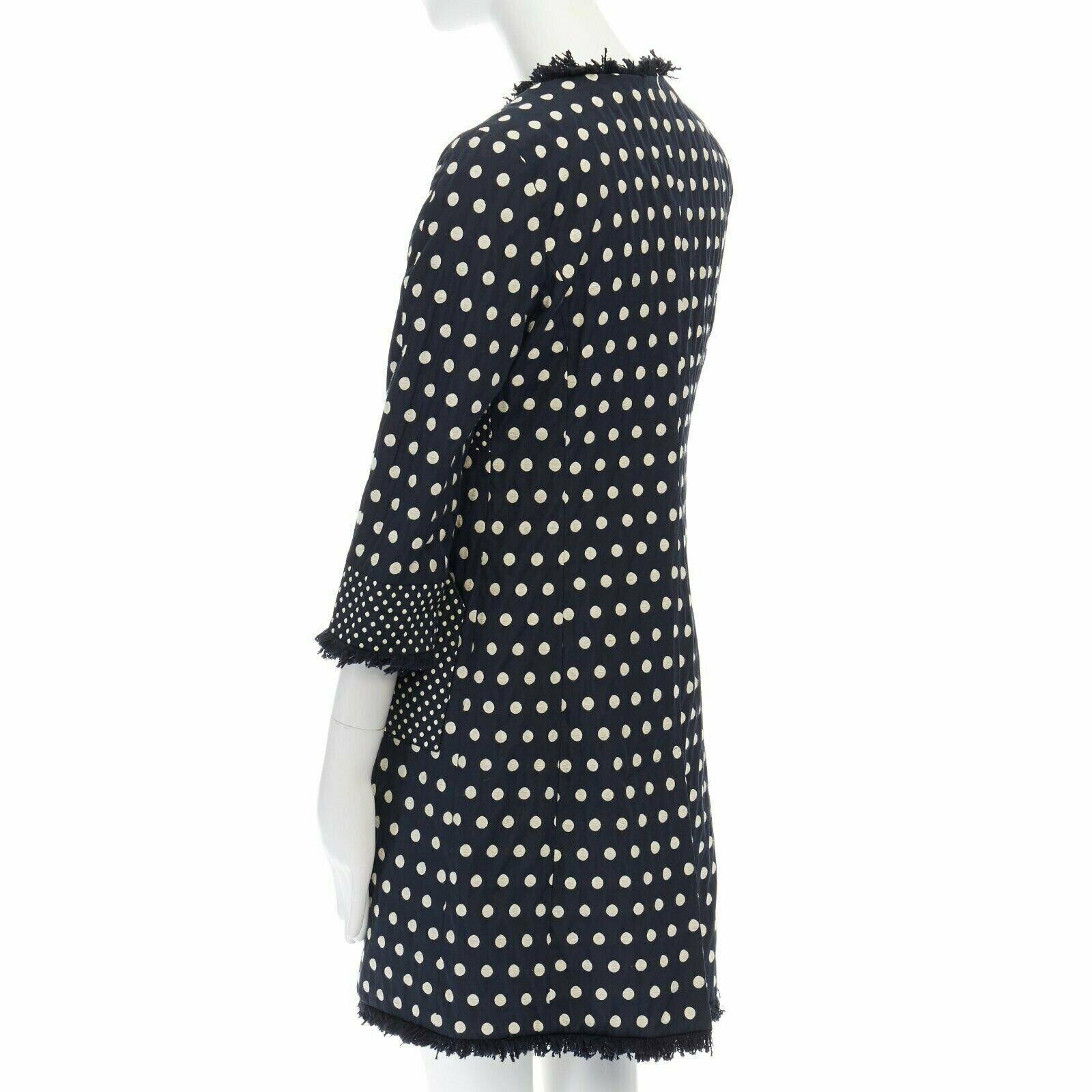 Women's TORY BURCH navy blue white polka dot jacquard frayed trimmed coat US2 S For Sale