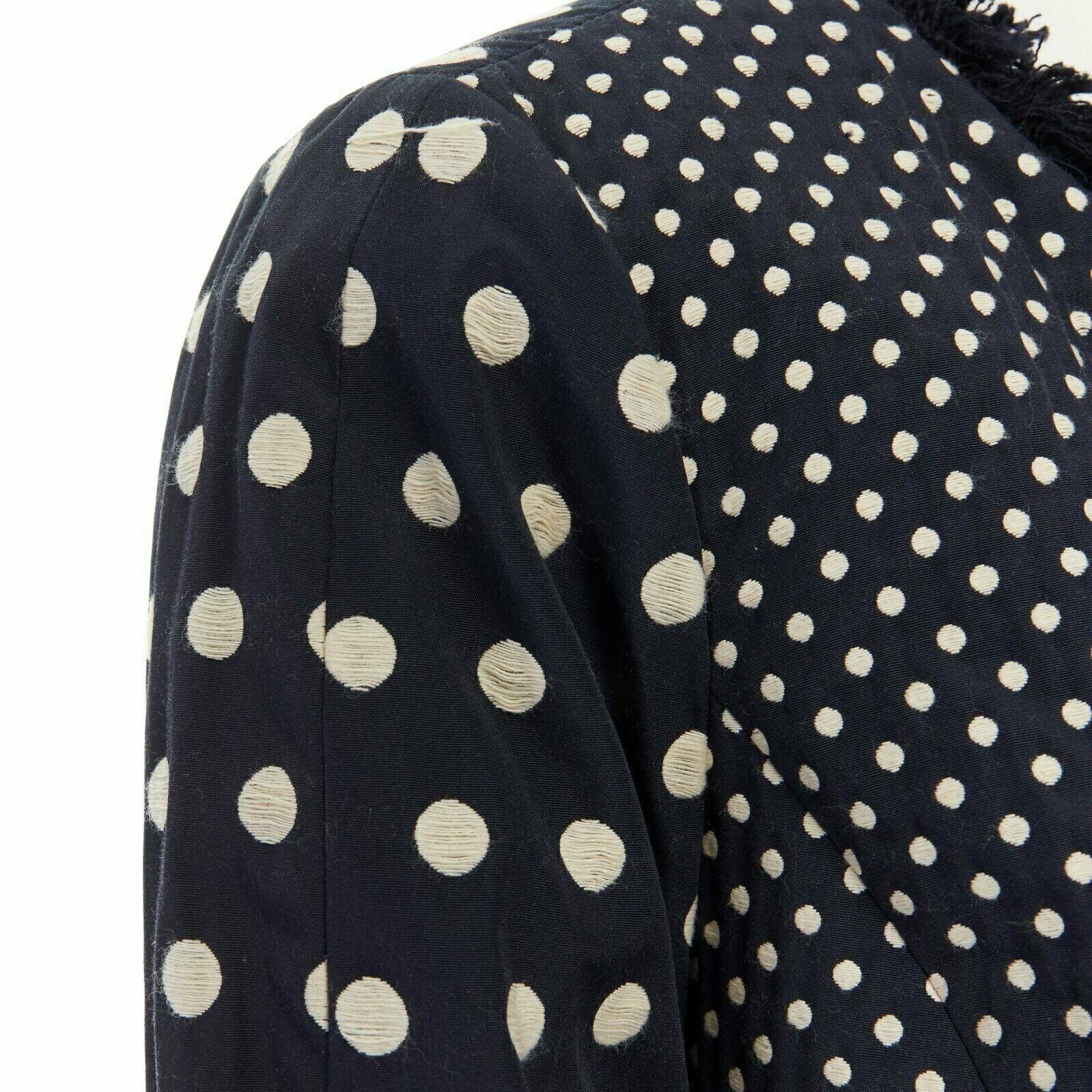 TORY BURCH navy blue white polka dot jacquard frayed trimmed coat US2 S For Sale 1