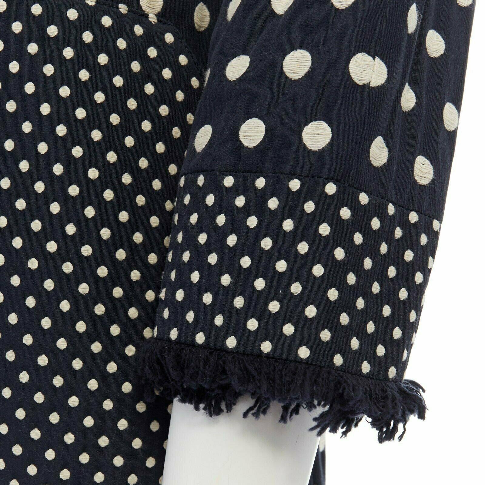 TORY BURCH navy blue white polka dot jacquard frayed trimmed coat US2 S For Sale 2