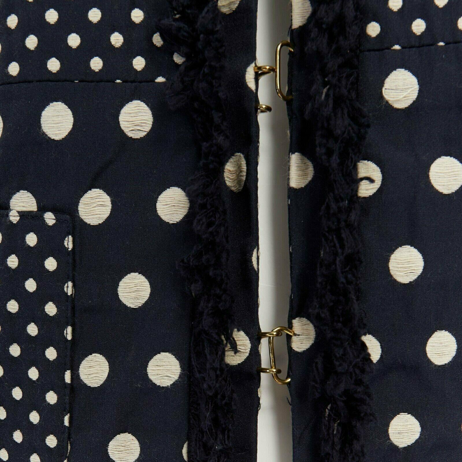 TORY BURCH navy blue white polka dot jacquard frayed trimmed coat US2 S For Sale 3