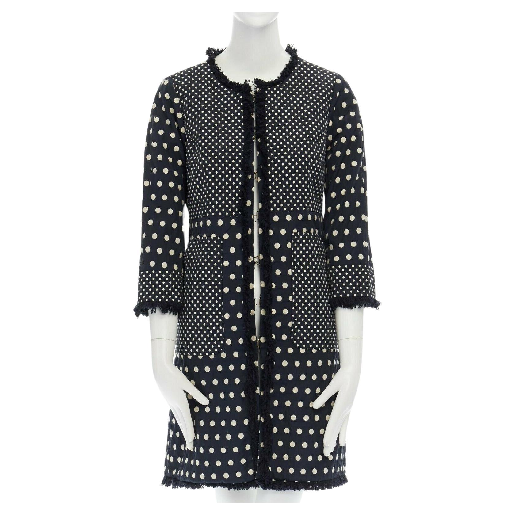 TORY BURCH navy blue white polka dot jacquard frayed trimmed coat US2 S For Sale
