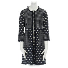 TORY BURCH navy blue white polka dot jacquard frayed trimmed coat US2 S