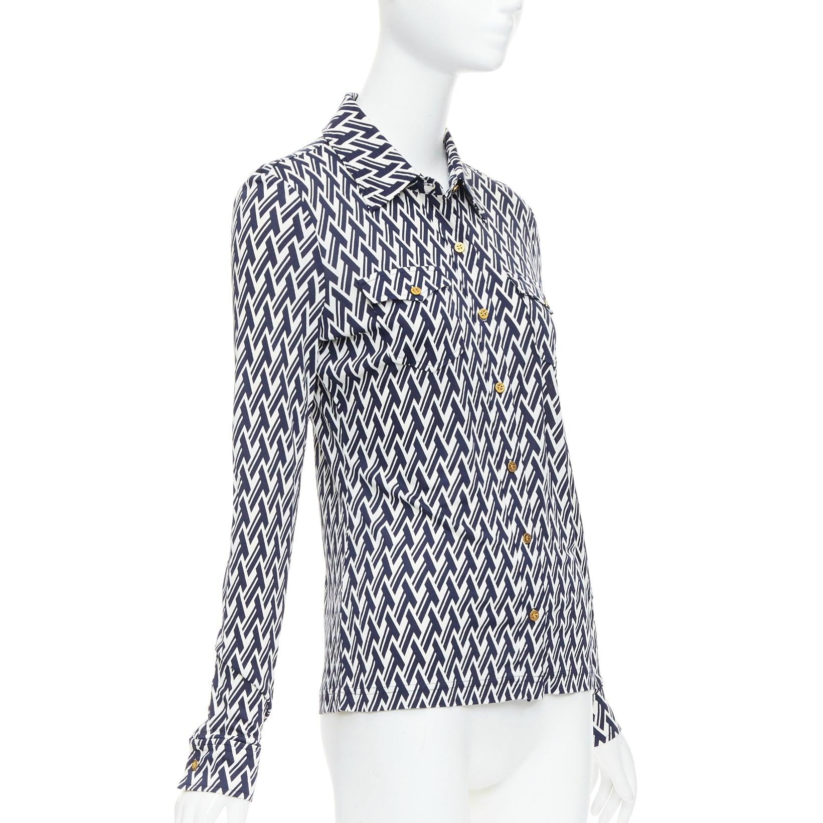 Black TORY BURCH navy cream T monogram print silk blend shirt XS For Sale