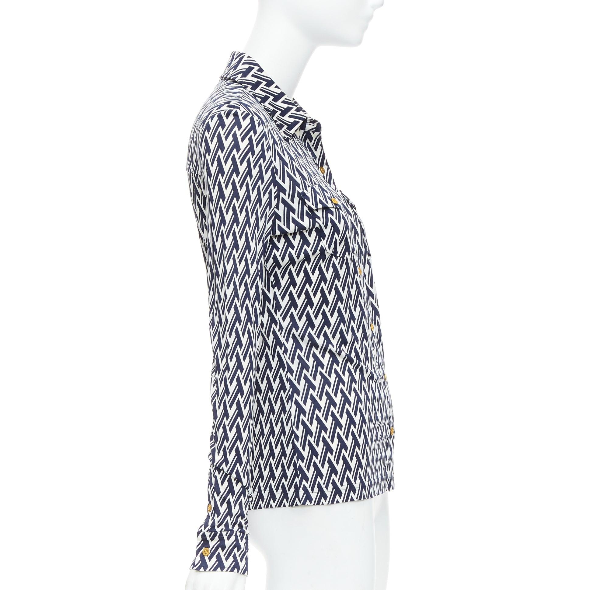 TORY BURCH navy cream T monogram print silk blend shirt XS In Excellent Condition For Sale In Hong Kong, NT