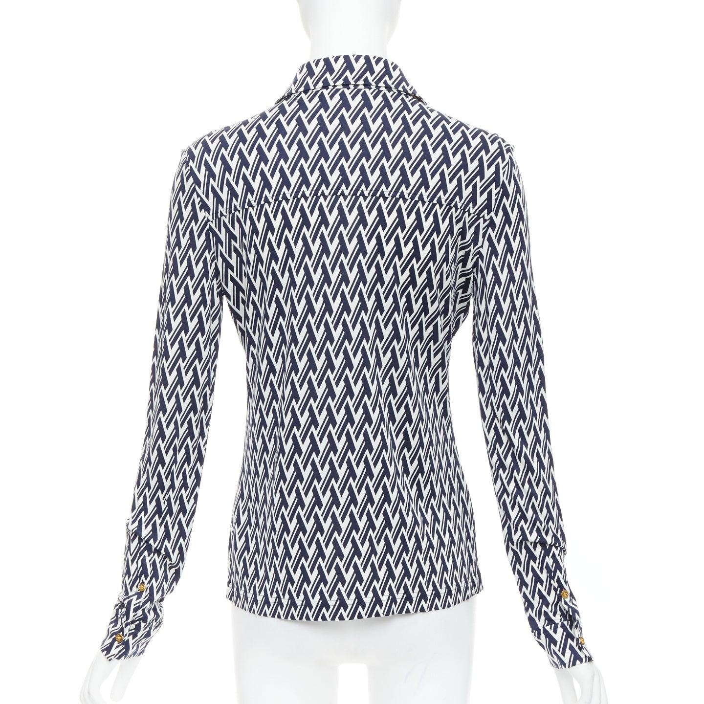 Women's TORY BURCH navy cream T monogram print silk blend shirt XS For Sale