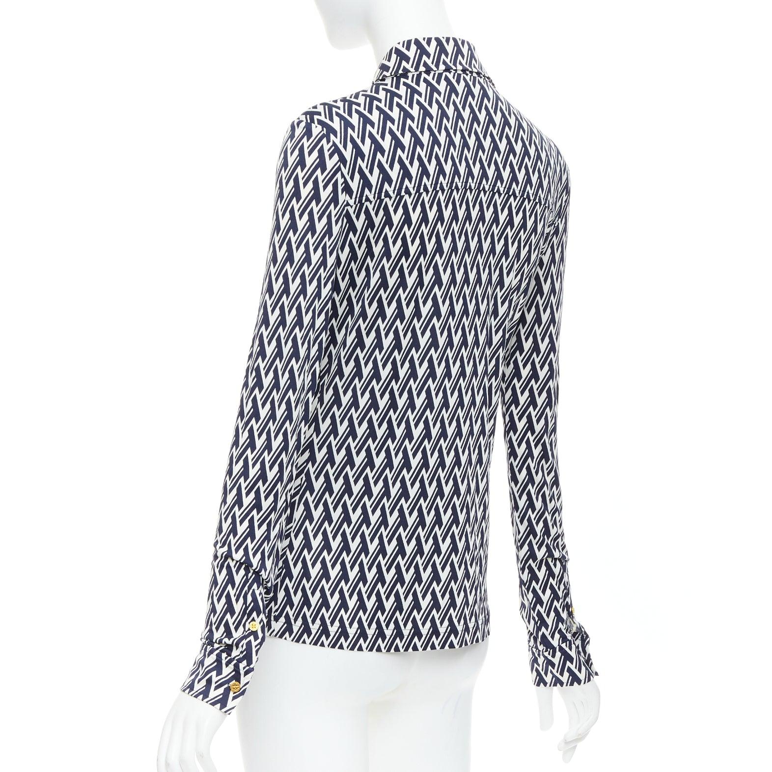 TORY BURCH navy cream T monogram print silk blend shirt XS For Sale 1