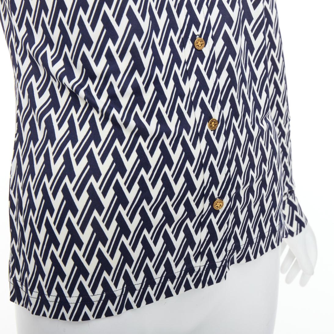 TORY BURCH navy cream T monogram print silk blend shirt XS For Sale 2