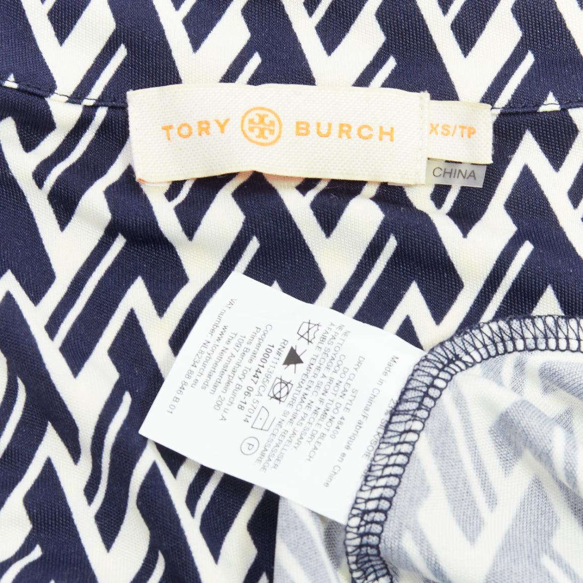 TORY BURCH navy cream T monogram print silk blend shirt XS For Sale 3