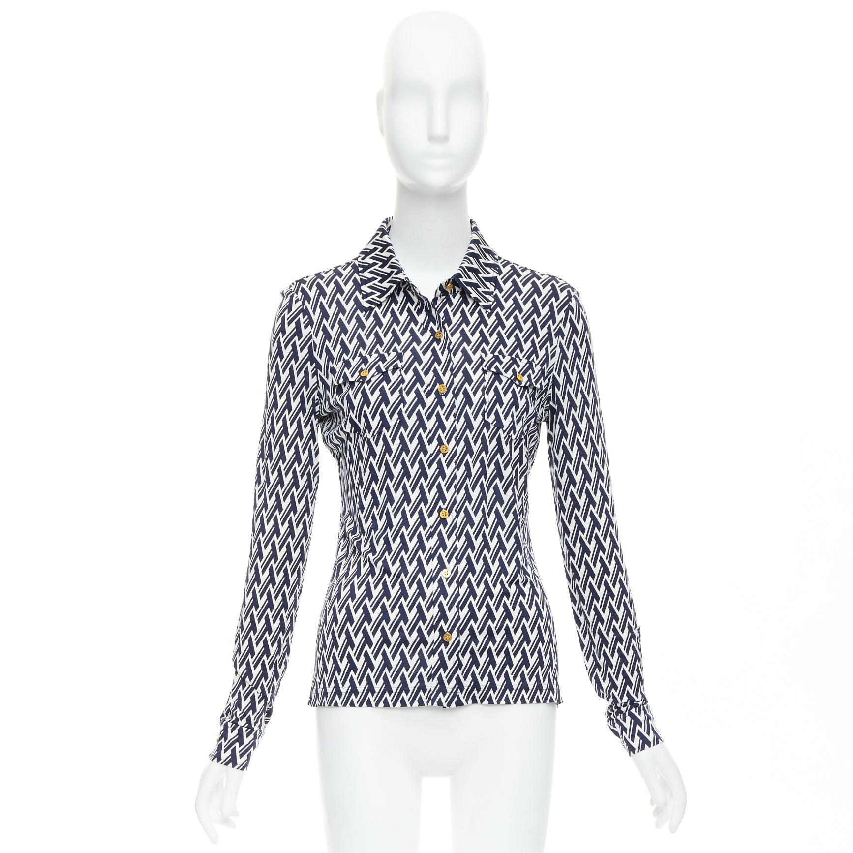 TORY BURCH navy cream T monogram print silk blend shirt XS For Sale 4