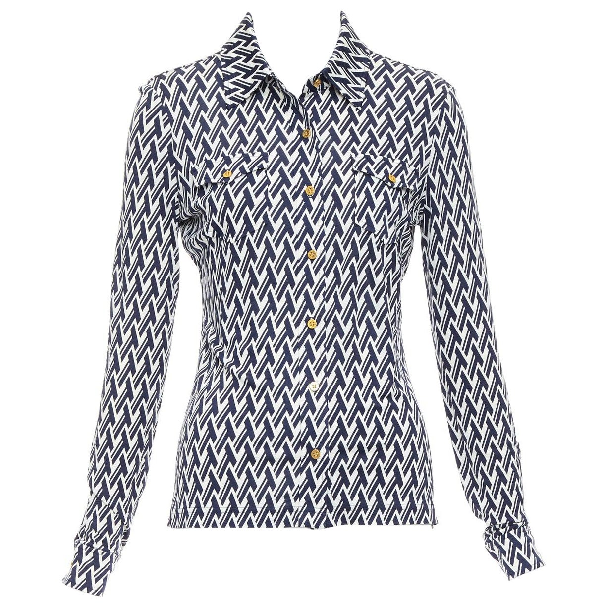 TORY BURCH navy cream T monogram print silk blend shirt XS For Sale