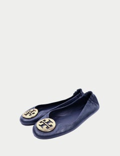 Tory Burch Marineblaue Leder-Ballettschuhe mit goldener Logo-Hardware - EU 37