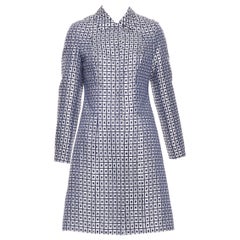 TORY BURCH navy silver metallic cotton blend brocade collared long coat US4 S
