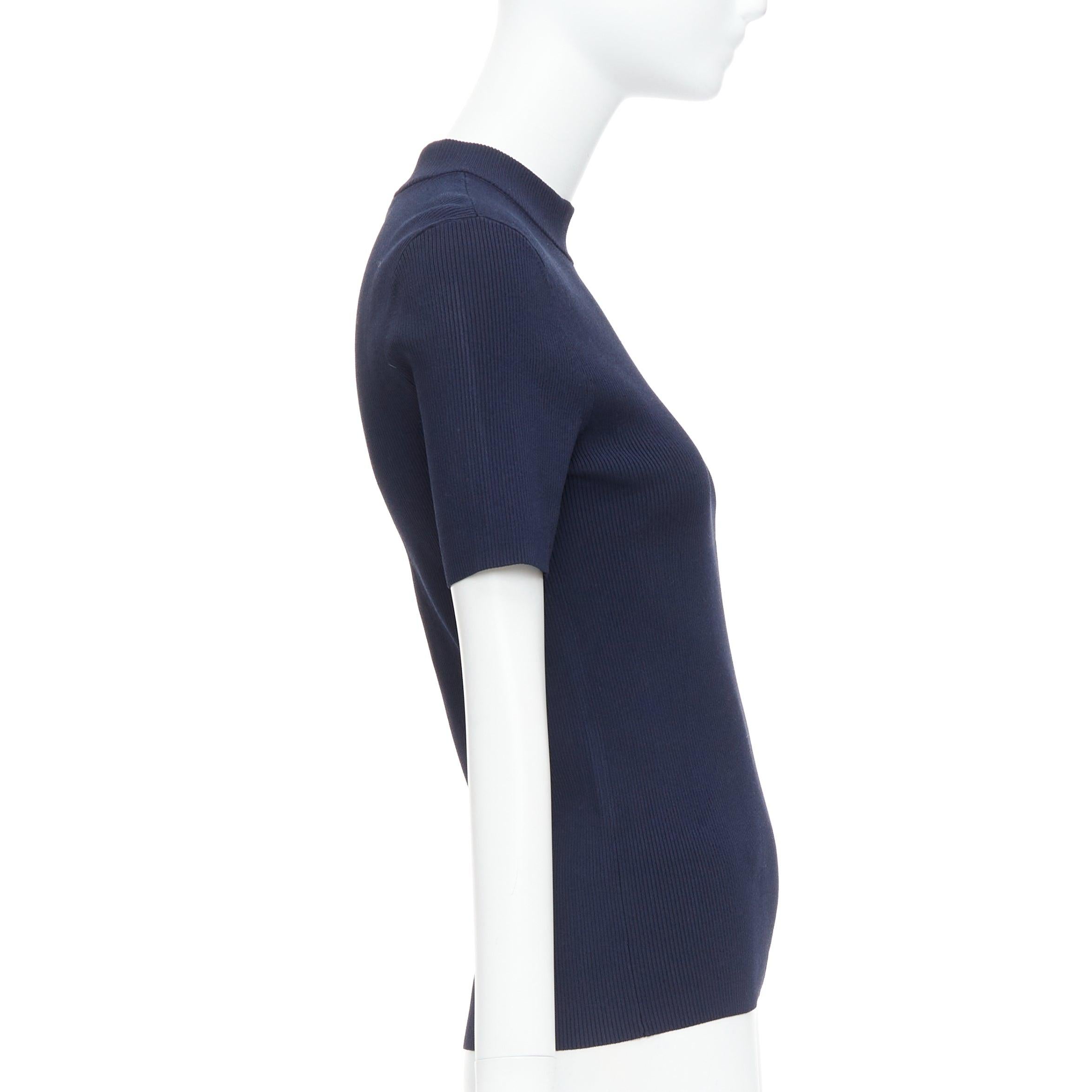 TORY BURCH navy viscose blend gold TB button ribbed pullover top M In Fair Condition In Hong Kong, NT