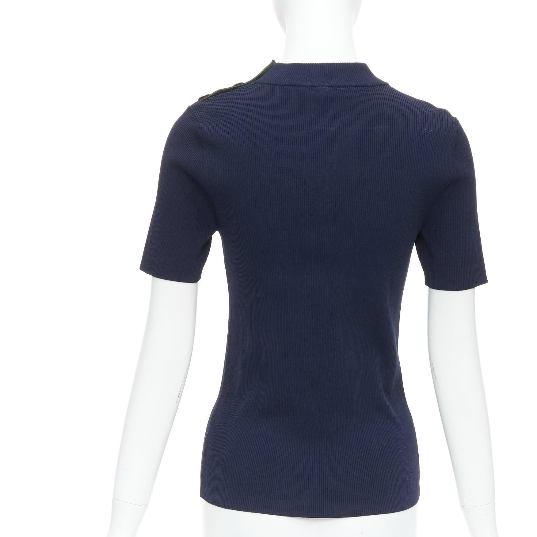 Women's TORY BURCH navy viscose blend gold TB button ribbed pullover top M