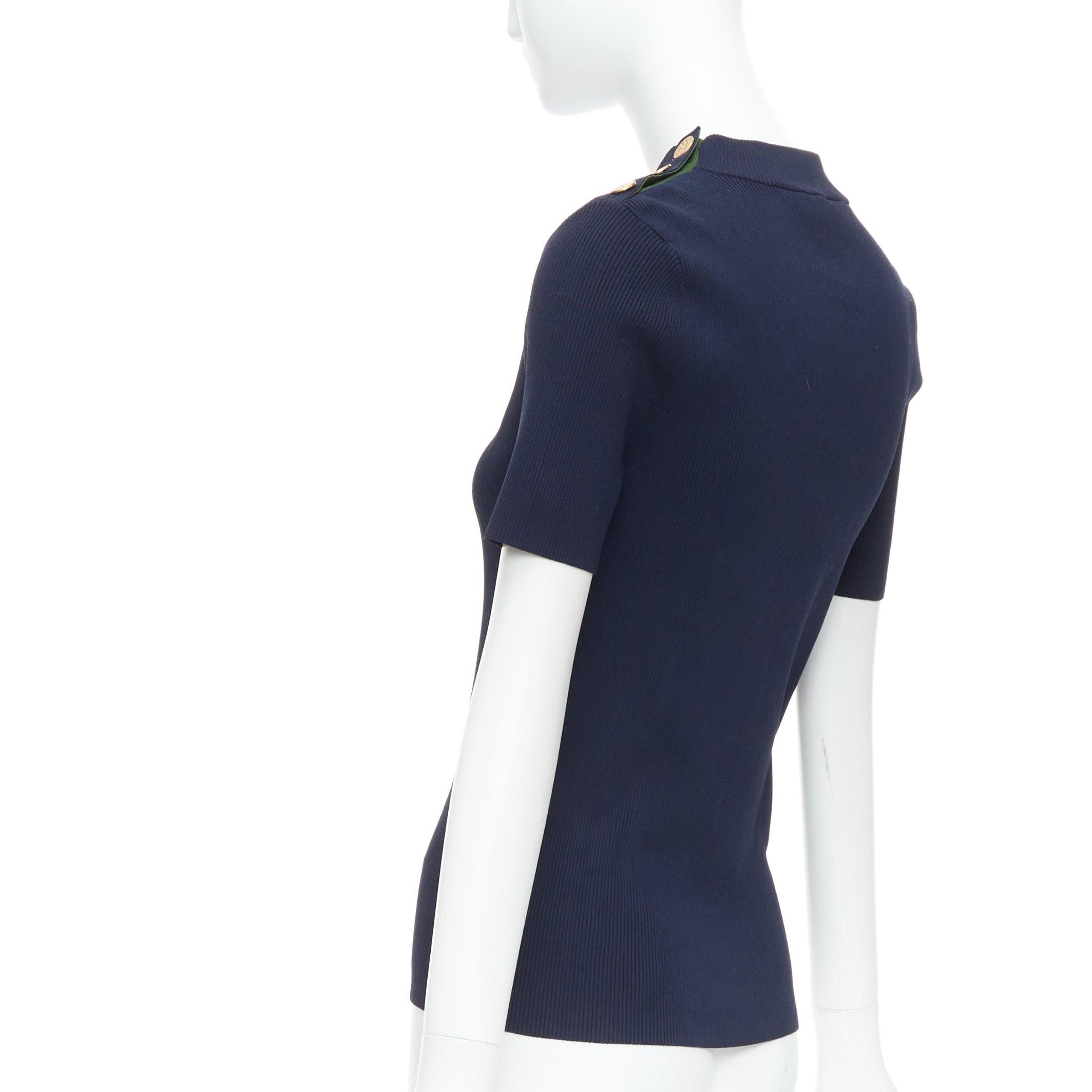 TORY BURCH navy viscose blend gold TB button ribbed pullover top M 1