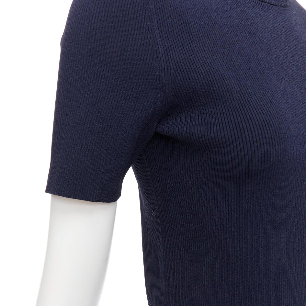 TORY BURCH navy viscose blend gold TB button ribbed pullover top M 2