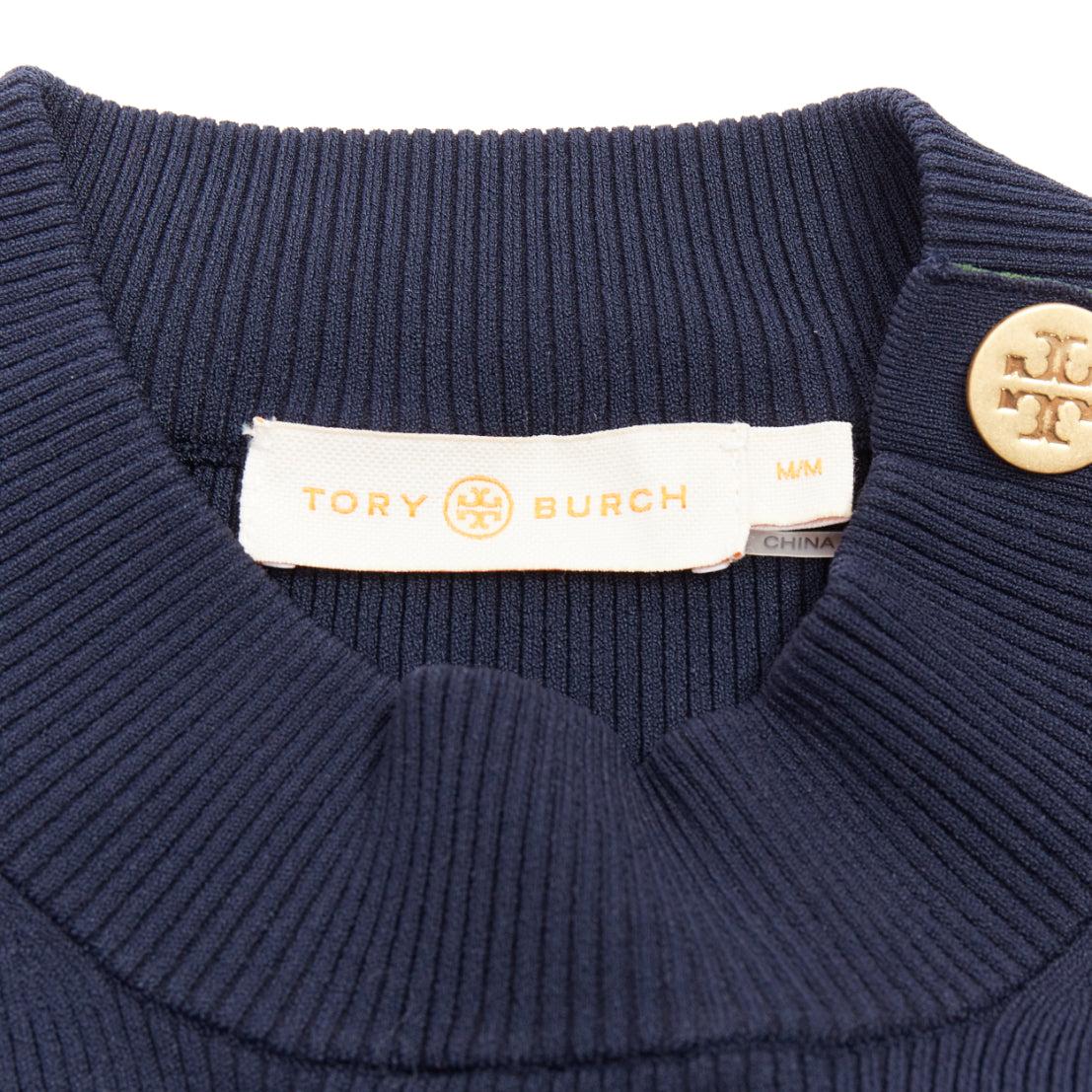 TORY BURCH navy viscose blend gold TB button ribbed pullover top M 3