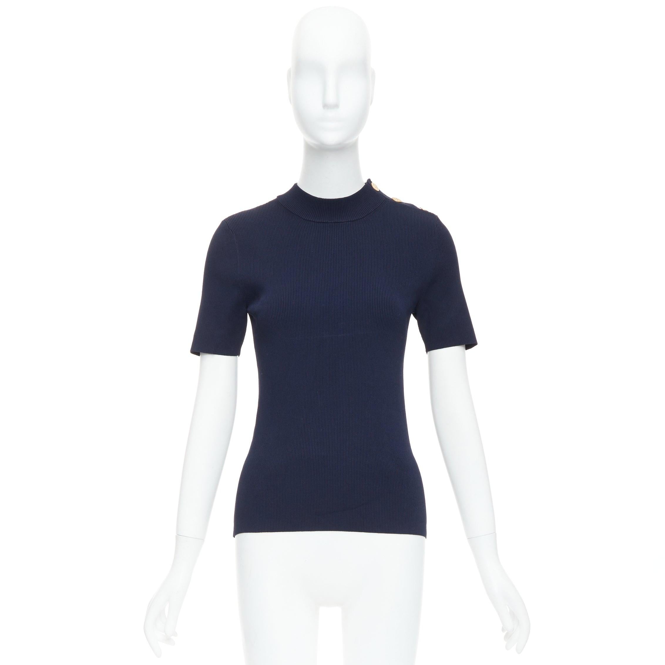 TORY BURCH navy viscose blend gold TB button ribbed pullover top M 4