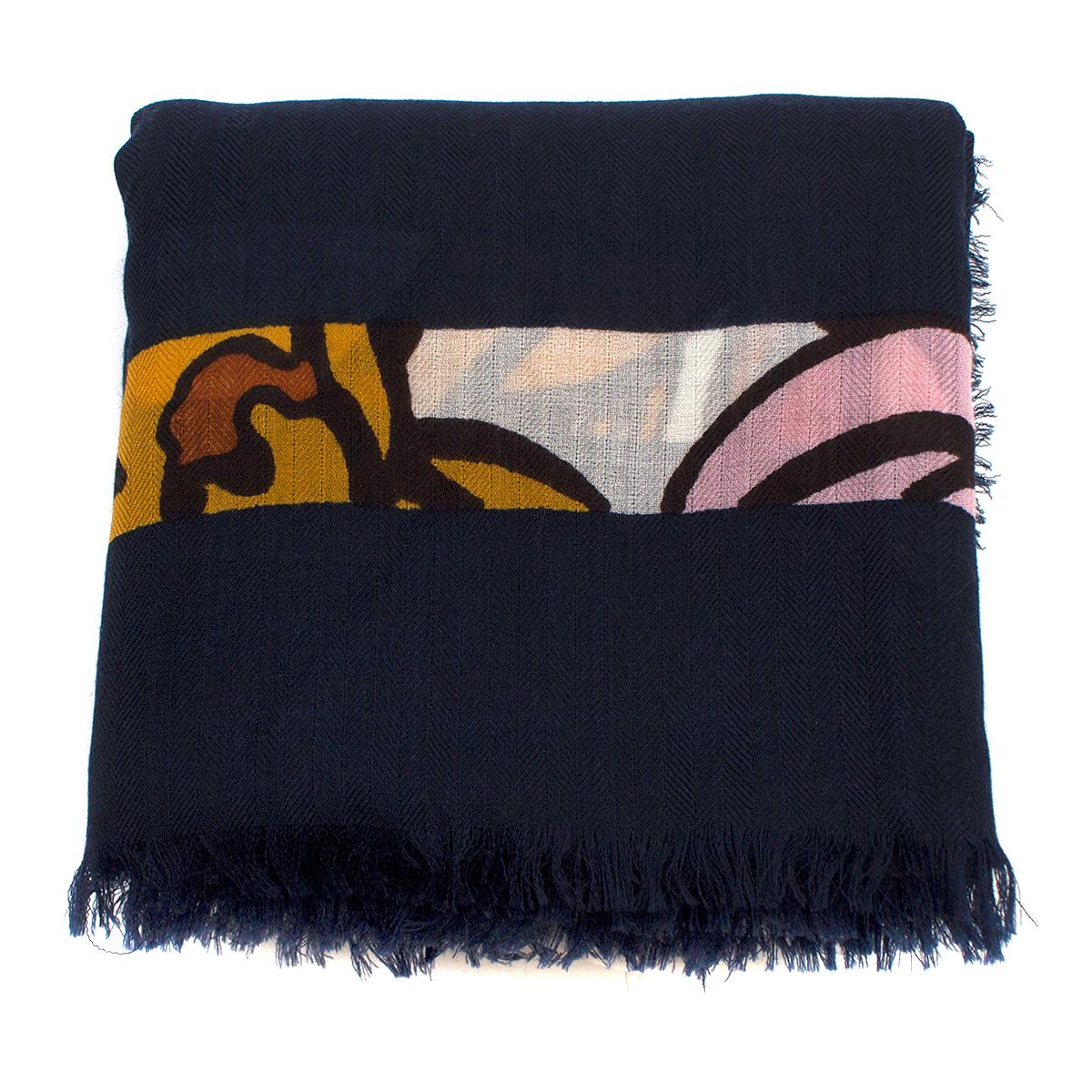 Tory Burch Navy Wool Logo Shawl  In New Condition In London, GB