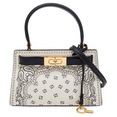 Tory Burch Off White/Black Leather Petite Lee Radziwill Top Handle Bag