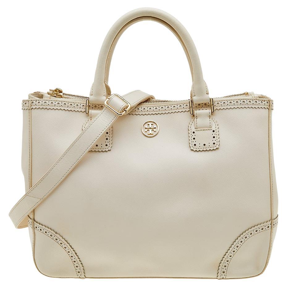 Tory Burch Off White Leather Large Robinson Double Zip Tote
