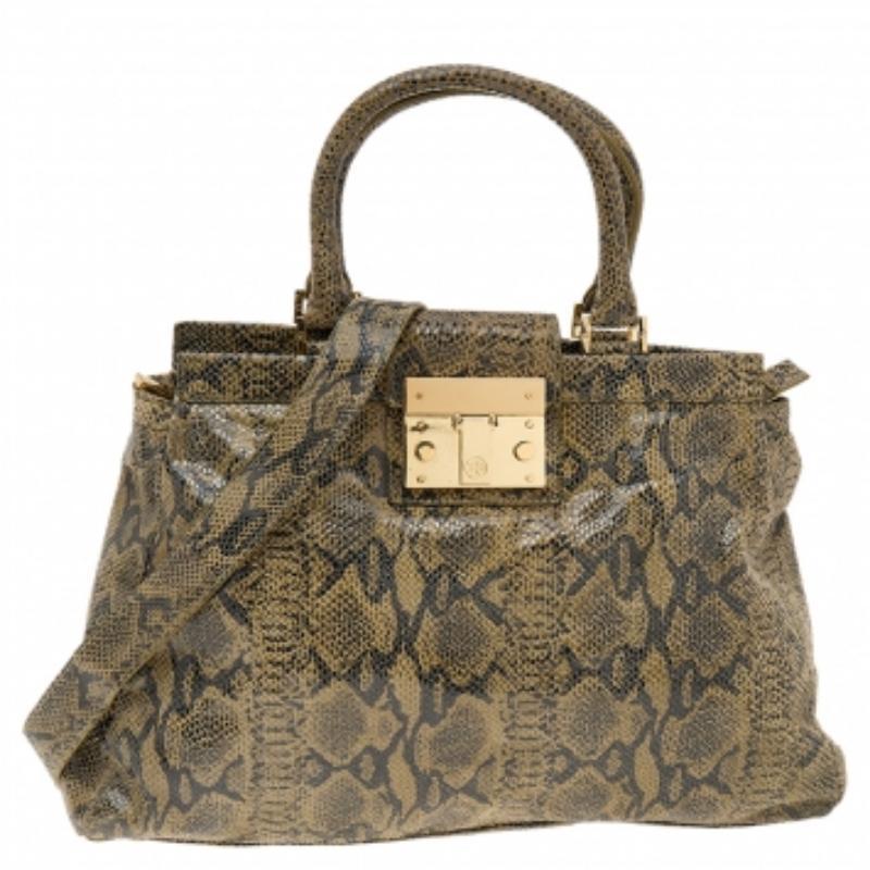 Tory Burch: borsa in pelle goffrata di pitone verde oliva/nera In condizioni discrete in vendita a Dubai, Al Qouz 2