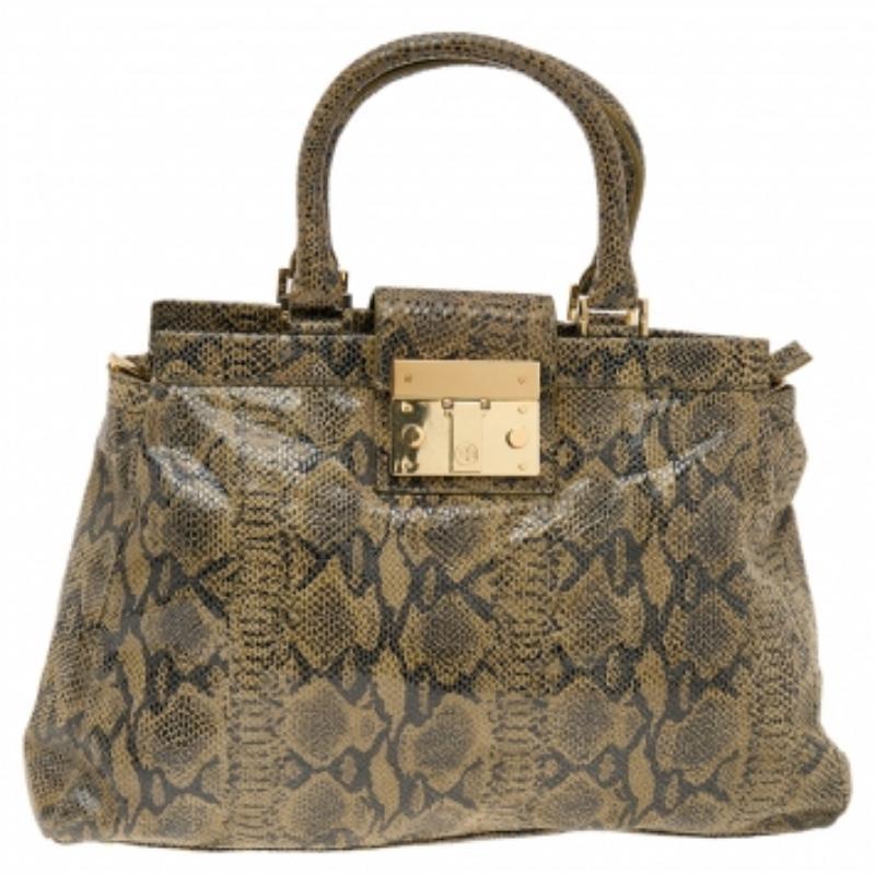 Tory Burch: borsa in pelle goffrata di pitone verde oliva/nera in vendita 2