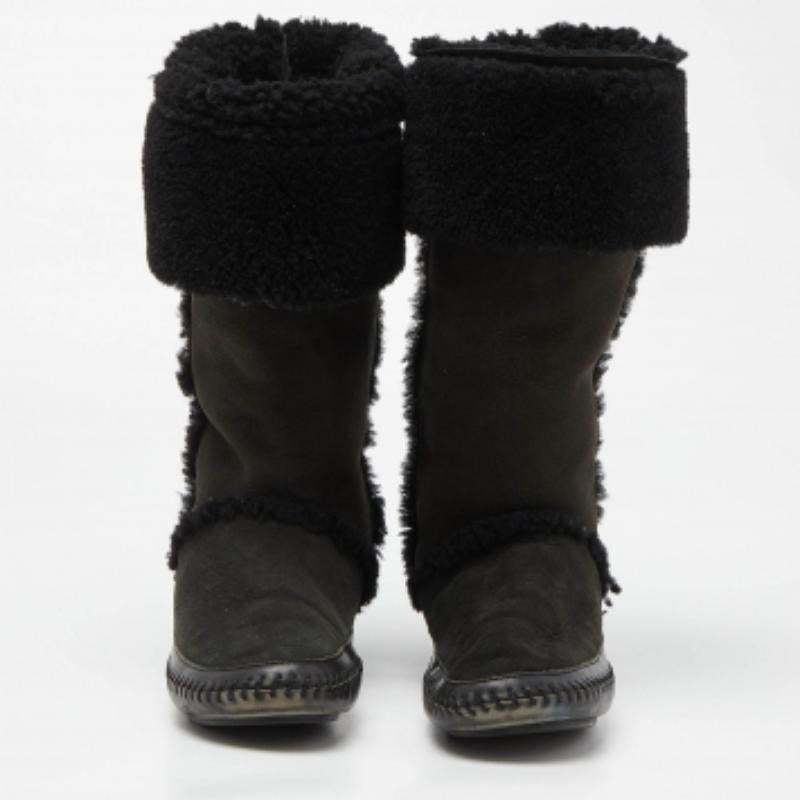 Tory Burch Olive Green/Black Suede and Leather Knee Length Snow Boots Size 39 For Sale 1