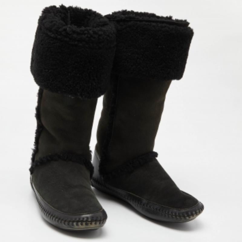 Tory Burch Olive Green/Black Suede and Leather Knee Length Snow Boots Size 39 For Sale 3