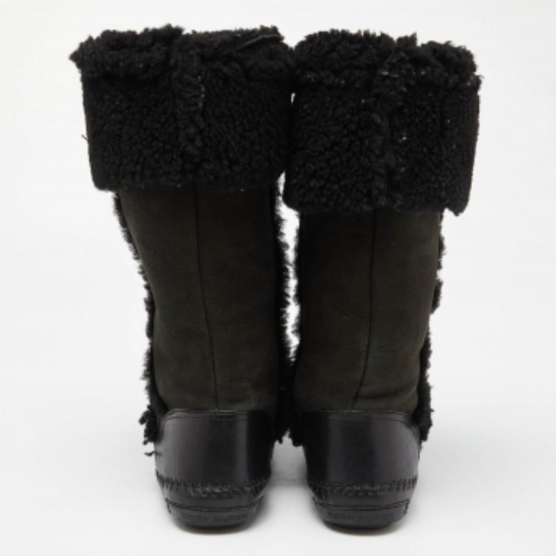 Tory Burch Olive Green/Black Suede and Leather Knee Length Snow Boots Size 39 For Sale 4