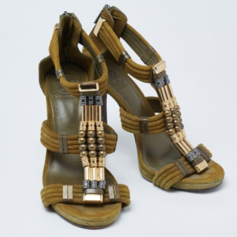 Brown Tory Burch Olive Green Suede Beaded Gladiator Sandals Size 39 For Sale