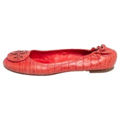 Tory Burch Orange Croc Embossed Leather Minnie Travel Ballet Flats Size 36