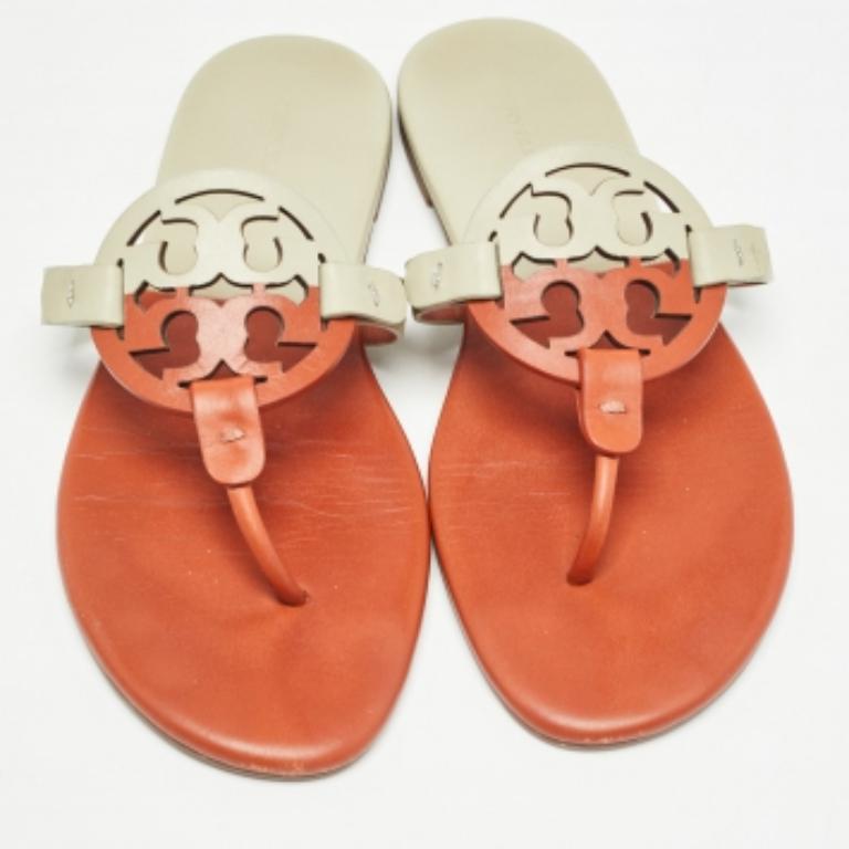 Tory Burch Orange/graue Miller Zehenschuhe aus Leder Größe 38,5 (Beige) im Angebot