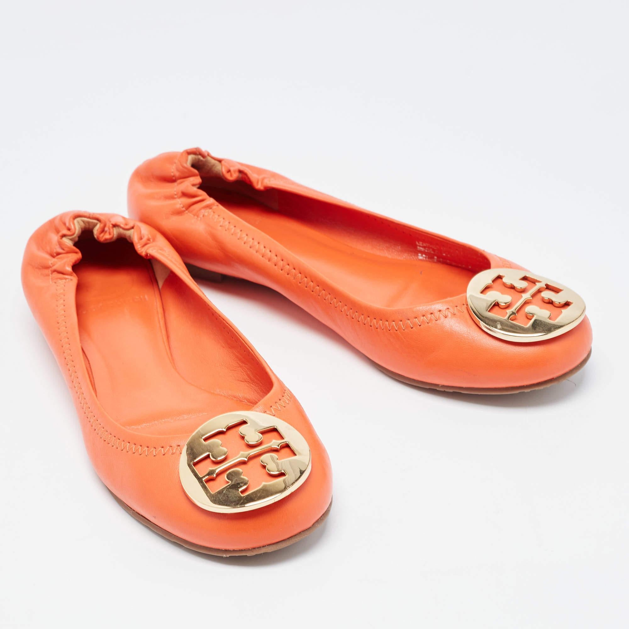 Women's Tory Burch Orange Leather Minnie Scrunch Ballet Flats Size 36.5 For Sale