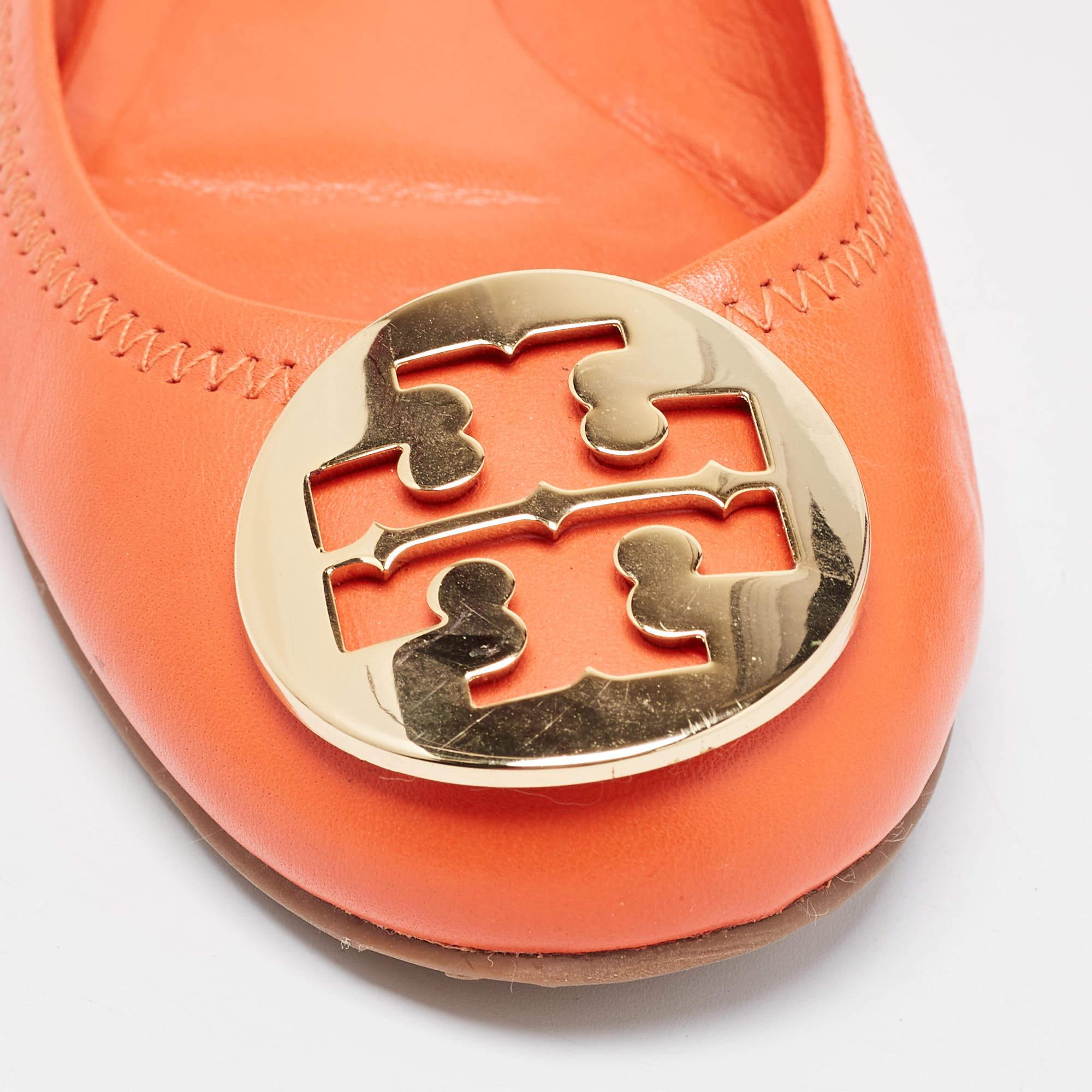 Tory Burch Orange Leather Minnie Scrunch Ballet Flats Size 36.5 For Sale 3