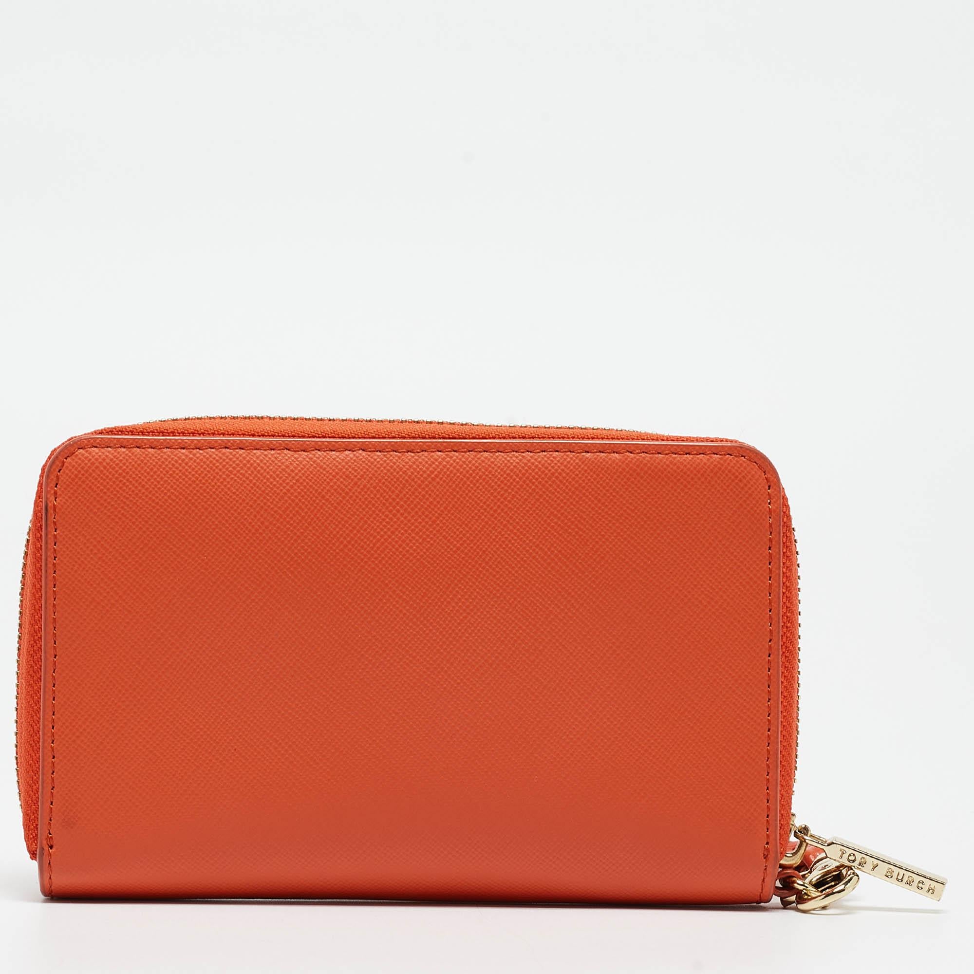 Tory Burch Orange Leather Robinson Portefeuille à fermeture éclair Bon état - En vente à Dubai, Al Qouz 2