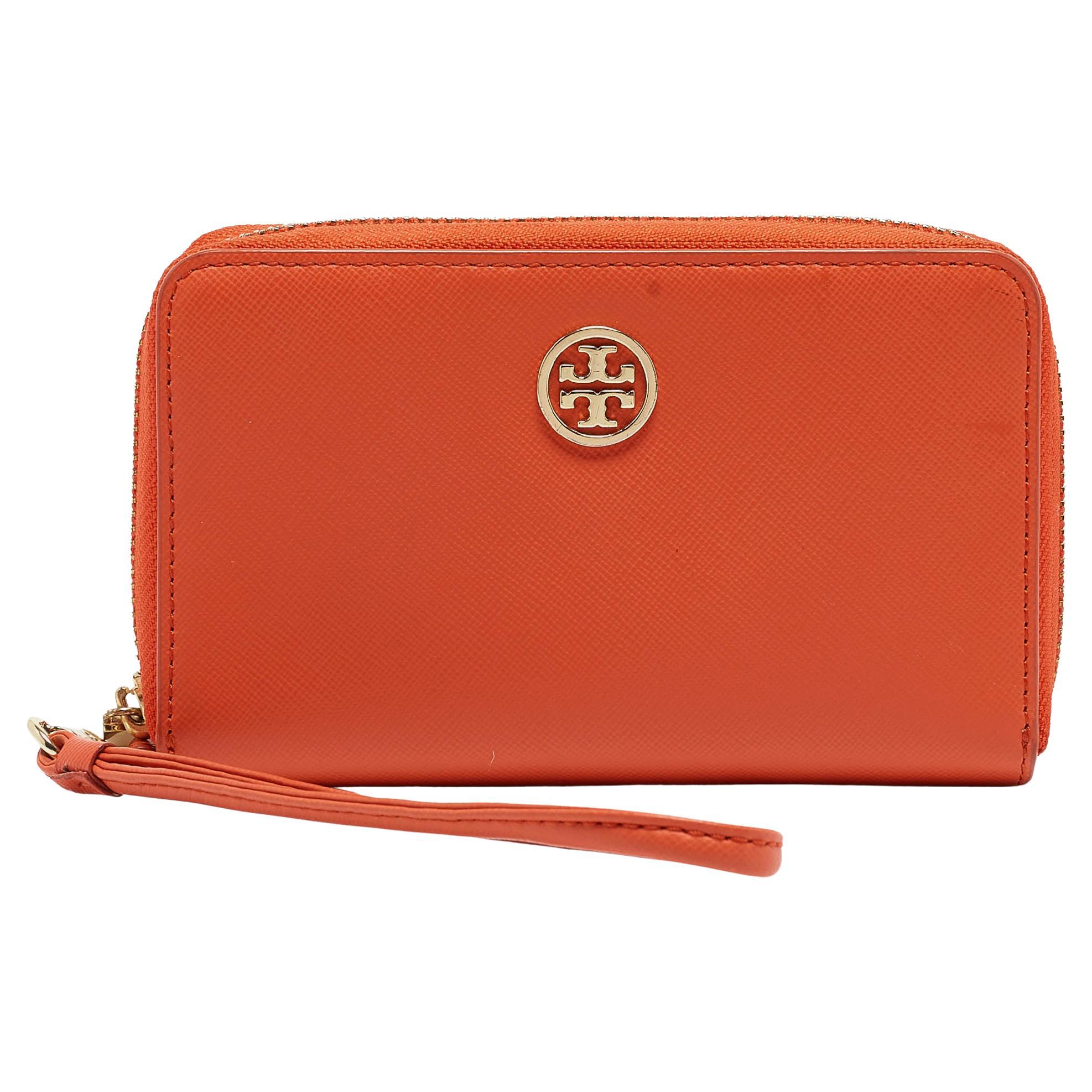 Tory Burch Orange Leather Robinson Zip Around Wristlet Wallet