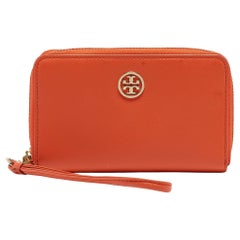 Tory Burch Orange Leather Robinson Zip Around Wristlet Wallet