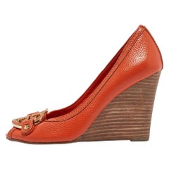 Tory Burch Orange Leather Wedge Sandals Size 37