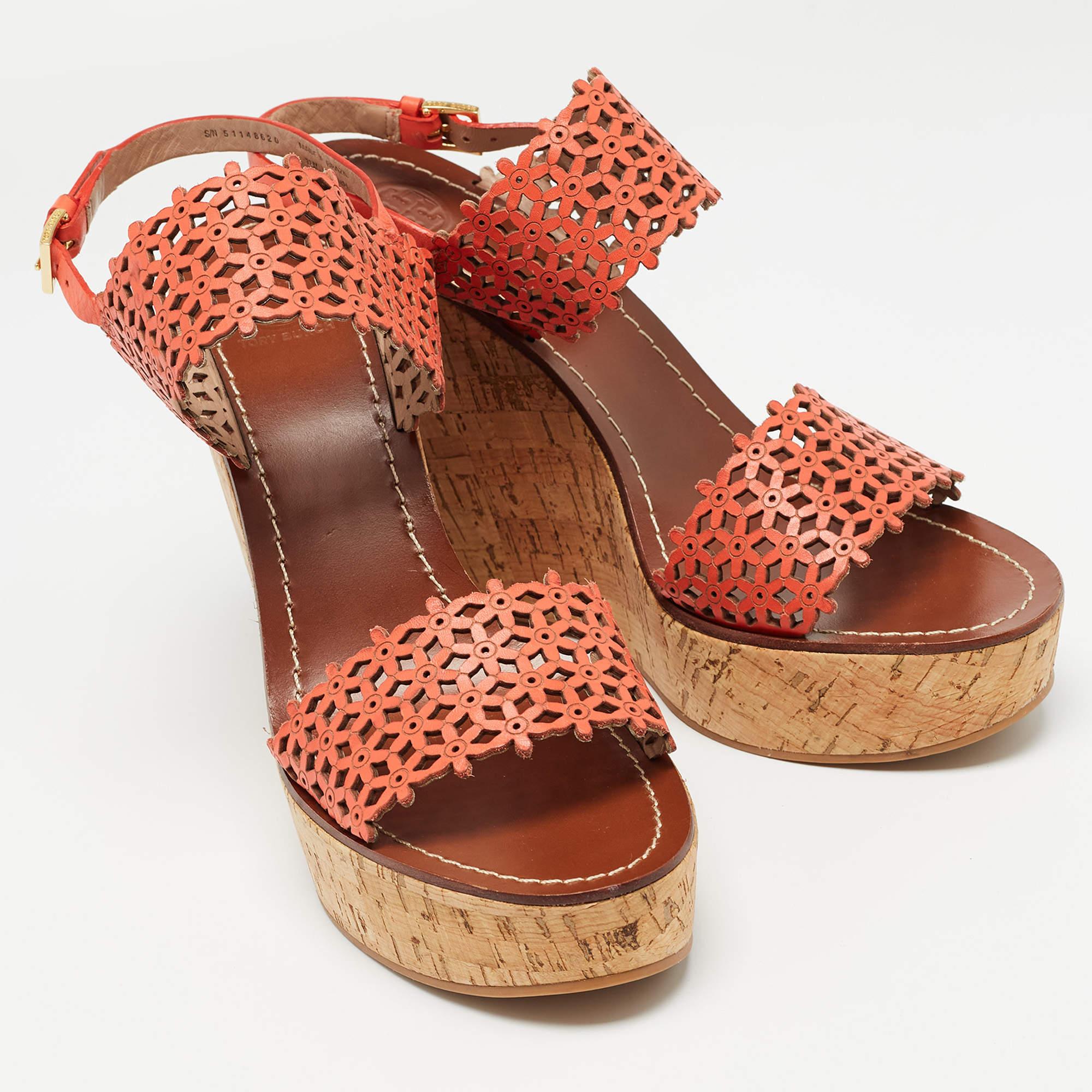 Women's Tory Burch Orange Perforated Leather Daisy Cork Wedge Sandals Size 41.5 For Sale