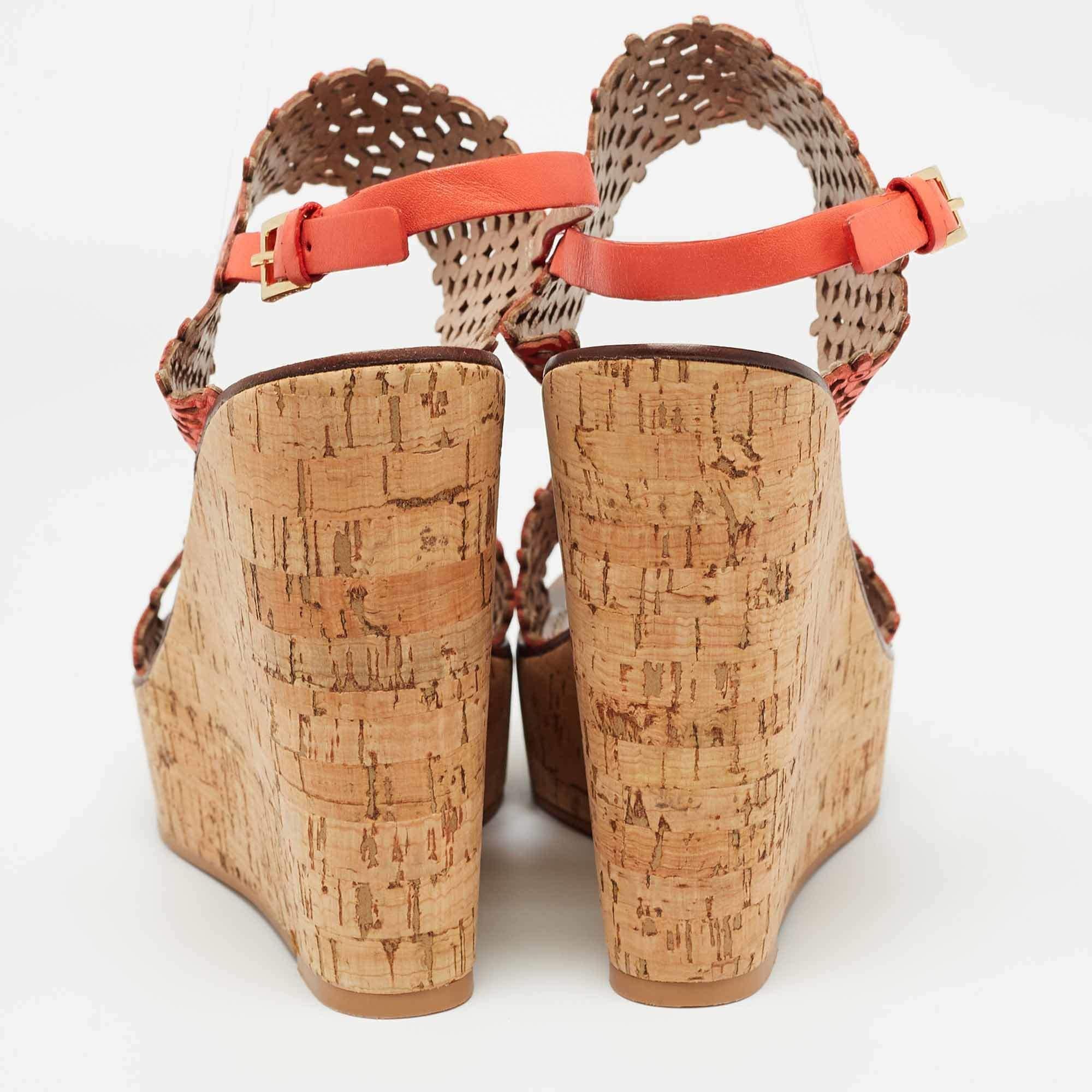 Tory Burch Orange Perforated Leather Daisy Cork Wedge Sandals Size 41.5 For Sale 1