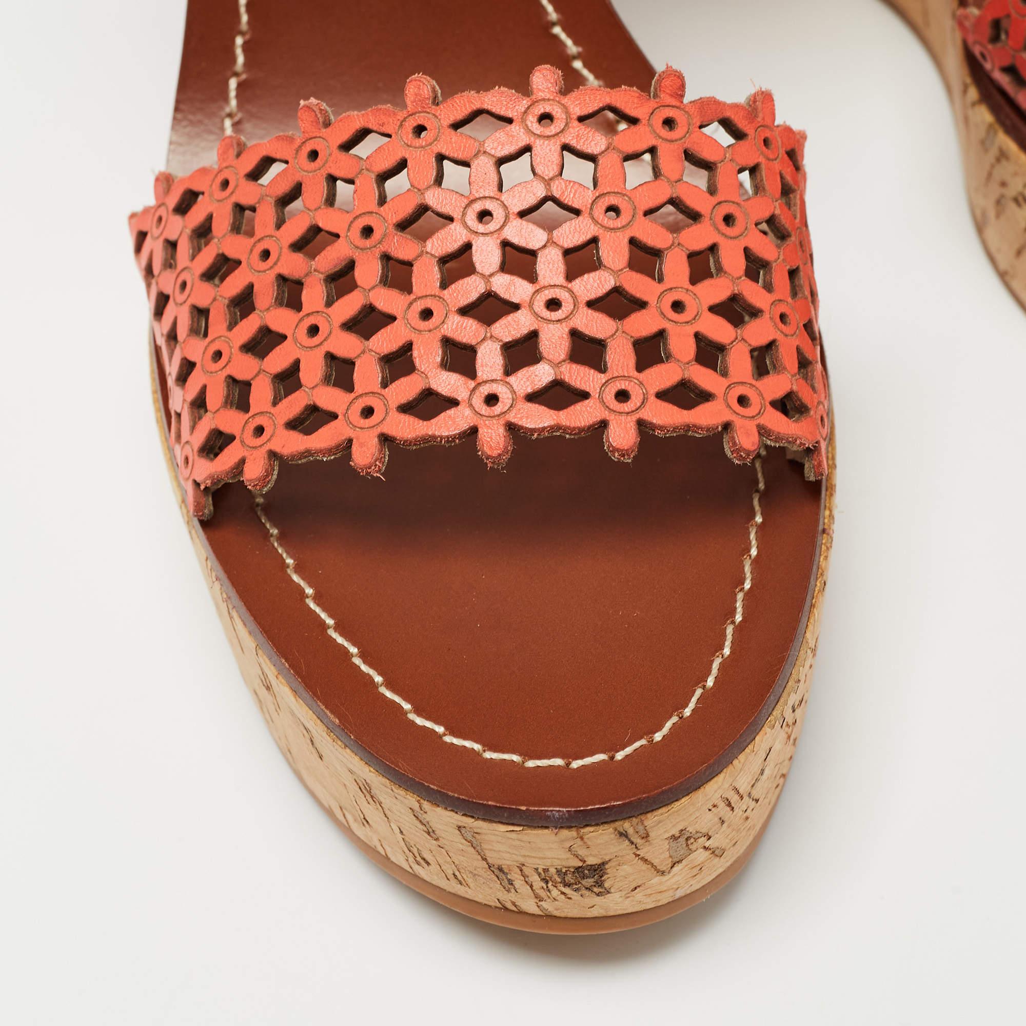 Tory Burch Orange Perforated Leather Daisy Cork Wedge Sandals Size 41.5 For Sale 3