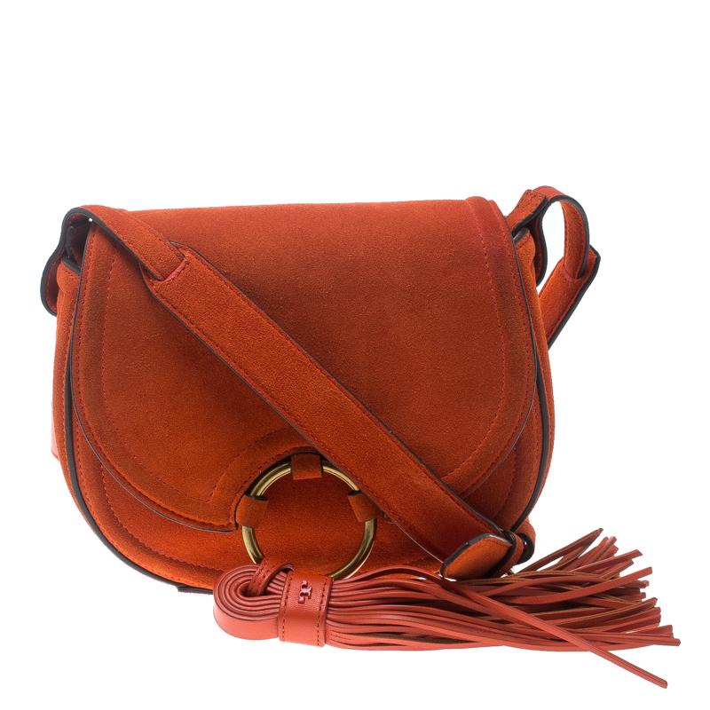 Tory Burch Orange Suede Mini Tassle Saddle Bag For Sale at 1stDibs