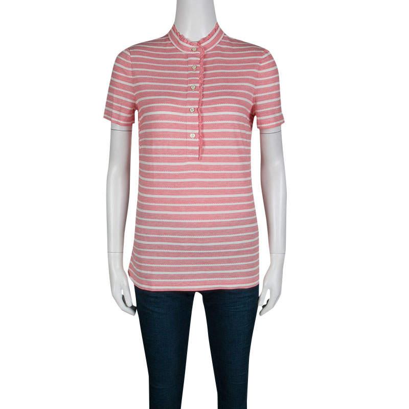 Tory Burch Pink and White Striped Knit Ruffle Detail T-Shirt S In Good Condition For Sale In Dubai, Al Qouz 2