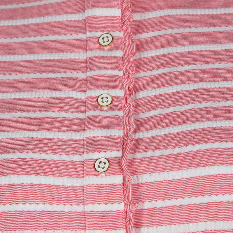 Tory Burch Pink and White Striped Knit Ruffle Detail T-Shirt S In Good Condition In Dubai, Al Qouz 2